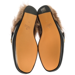 Pre Owned Gucci Black Leather and Fur Lined GG Web Princetown Mules Size 41.5