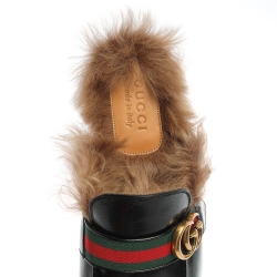 Pre Owned Gucci Black Leather and Fur Lined GG Web Princetown Mules Size 41.5