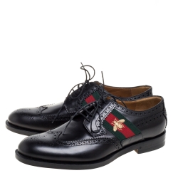 Pre Owned Gucci Black Brogue Leather Bee Web Detail Lace Up Derby Size 42
