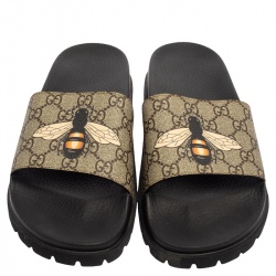 Pre Owned Gucci Beige GG Supreme Bee Pool Slides Size 44