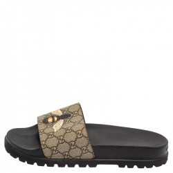 Pre Owned Gucci Beige GG Supreme Bee Pool Slides Size 44