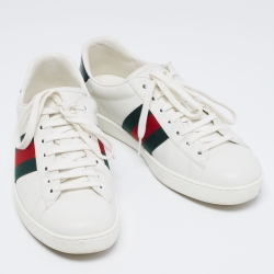 Pre Owned Gucci White Leather And Crocodile Ace Web Low Sneakers Size 41.5