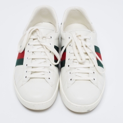 Pre Owned Gucci White Leather And Crocodile Ace Web Low Sneakers Size 41.5