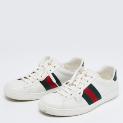 Pre Owned Gucci White Leather And Crocodile Ace Web Low Sneakers Size 41.5