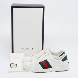 Pre Owned Gucci White Leather And Crocodile Ace Web Low Sneakers Size 41.5