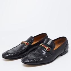 Pre Owned Gucci Black  Lizard Embossed  Horsebit Loafers Size 44