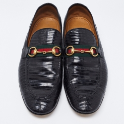 Pre Owned Gucci Black  Lizard Embossed  Horsebit Loafers Size 44