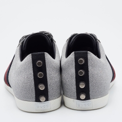Gucci Silver Glitter Bambi Web Detail Studded Low Top Sneakers Size 41