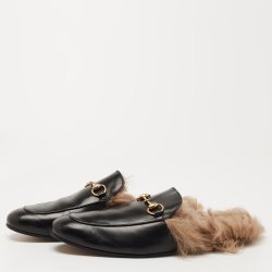 Pre Owned Gucci Black Leather and Fur Princetown Mules Size 44 