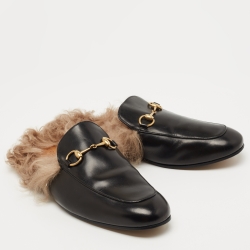 Pre Owned Gucci Black Leather and Fur Princetown Mules Size 44 
