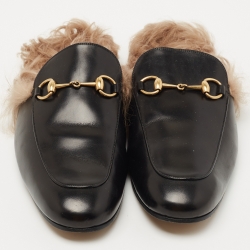Pre Owned Gucci Black Leather and Fur Princetown Mules Size 44 