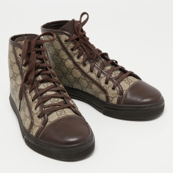 Pre Owned Gucci Brown/Grey GG Supreme Canvas and Leather Cap Toe High Top Sneakers Size 40.5