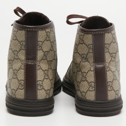 Pre Owned Gucci Brown/Grey GG Supreme Canvas and Leather Cap Toe High Top Sneakers Size 40.5