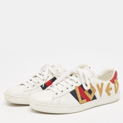 Gucci White Leather Loved Embroidered Ace Sneakers Size 40