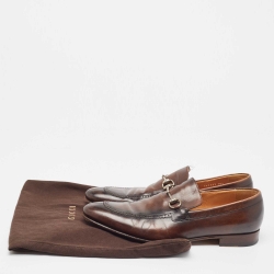 Pre Owned Gucci Brown Leather Horsebit Loafers Size 44.5