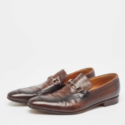 Pre Owned Gucci Brown Leather Horsebit Loafers Size 44.5