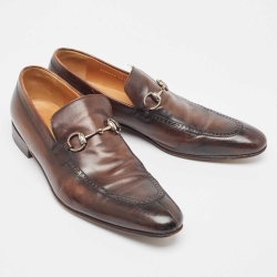 Pre Owned Gucci Brown Leather Horsebit Loafers Size 44.5