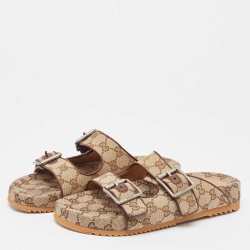 Pre Owned Gucci Beige GG Canvas Double Strap Slide Sandals Size 41