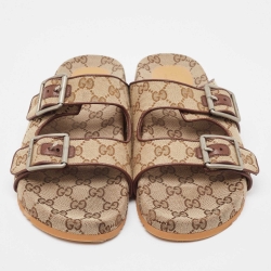 Pre Owned Gucci Beige GG Canvas Double Strap Slide Sandals Size 41