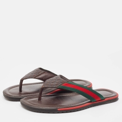 Pre Owned Gucci Brown Micro Guccissima Leather Web Thong Flip Flop Sandals Size 41