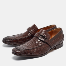 Pre Owned Gucci Brown Crocodile Slip On Loafers Size 42