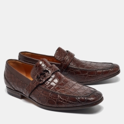 Pre Owned Gucci Brown Crocodile Slip On Loafers Size 42