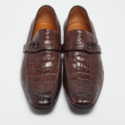 Pre Owned Gucci Brown Crocodile Slip On Loafers Size 42