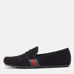 مملوكة مسبقًا Gucci Black Suede Web Low Top Loafers Size 41.5