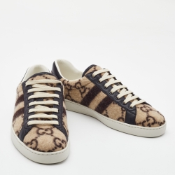 Pre Owned Gucci Brown/Brown Wool And Leather GG Ace Wool Sneakers Size 42