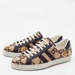 Pre Owned Gucci Brown/Brown Wool And Leather GG Ace Wool Sneakers Size 42