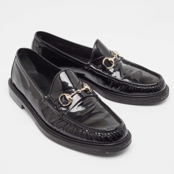 Pre Owned Gucci Black Patent Leather Horsebit Loafers Size 42.5