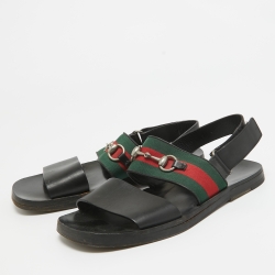 Gucci Black Leather and Canvas Web Horsebit Slingback Sandals Size 41
