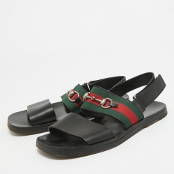 Pre Owned Gucci Black Leather and Canvas Web Horsebit Slingback Sandals Size 41