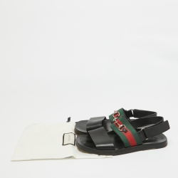 Pre Owned Gucci Black Leather and Canvas Web Horsebit Slingback Sandals Size 41