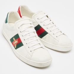 مملوكة مسبقًا Gucci White Leather Embroidered Bee Ace Sneakers Size 41