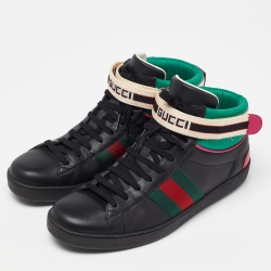 Pre Owned Gucci Black/Green Leather Stripe Ace High Top Sneakers Size 43