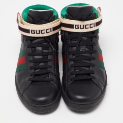Pre Owned Gucci Black/Green Leather Stripe Ace High Top Sneakers Size 43