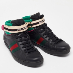 Pre Owned Gucci Black/Green Leather Stripe Ace High Top Sneakers Size 43