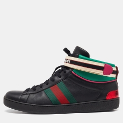 Pre Owned Gucci Black/Green Leather Stripe Ace High Top Sneakers Size 43