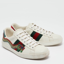 Pre Owned Gucci White Leather Ace Dragon Embroidered Low Top Sneakers Size 41.5