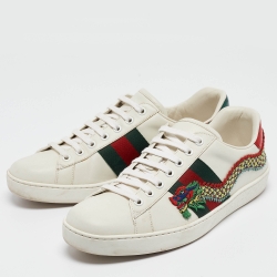 Pre Owned Gucci White Leather Ace Dragon Embroidered Low Top Sneakers Size 41.5