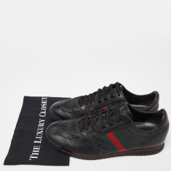 مملوكة مسبقًا Gucci Black Guccissima Leather Web Low Top Sneakers Size 44.5 