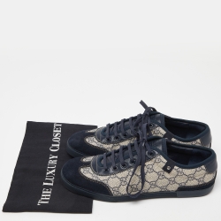 Pre Owned Gucci Navy Blue/Beige Suede and GG Supreme Canvas Low Top Sneakers Size 40.5 