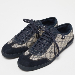 Pre Owned Gucci Navy Blue/Beige Suede and GG Supreme Canvas Low Top Sneakers Size 40.5 