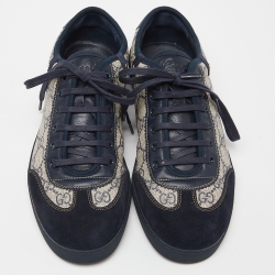 Pre Owned Gucci Navy Blue/Beige Suede and GG Supreme Canvas Low Top Sneakers Size 40.5 