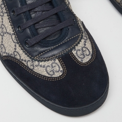 Pre Owned Gucci Navy Blue/Beige Suede and GG Supreme Canvas Low Top Sneakers Size 40.5 
