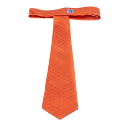 Pre Owned Hermès Orange and Blue H Printed Silk Twill Tie