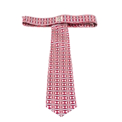 Pre Owned Hermès Red and White Geometric Motif Print Silk Twill Tie