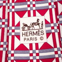 Pre Owned Hermès Red and White Geometric Motif Print Silk Twill Tie