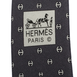 Pre Owned Hermes Grey H Tonneau Print Silk Tie